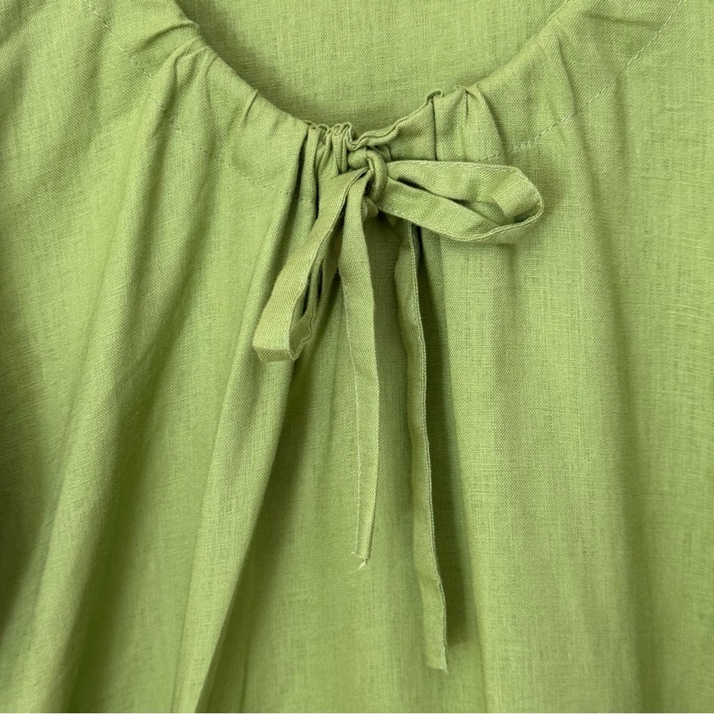 LAZYBONES 100% Linen Short Sleeve Green Midi Dress Drawstring Neck Size XS/S - Picture 4 of 12